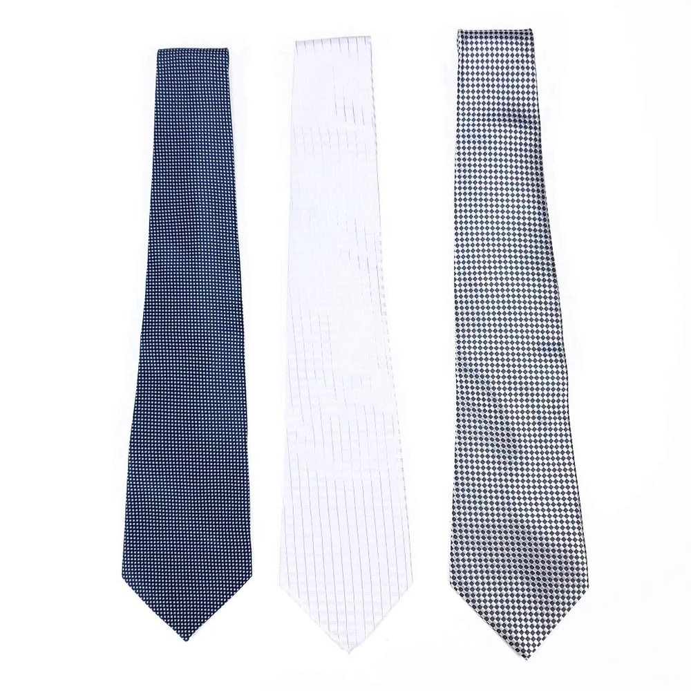 Kai Long Mens Silk Tie Bundle Set‎ of 3 Navy White Silver Geometric Hand Made